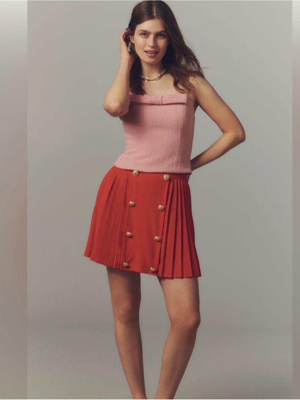 Hutch Pleated Mini Skirt in Brick Red with Gold Buttons